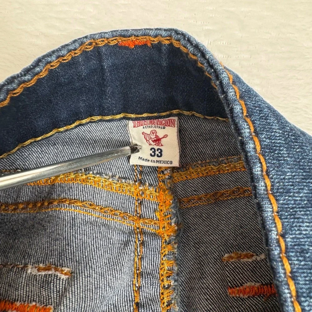 True Religion Mens Bootcut Jeans Dark Wash Orange Stitching Size 33 World Tour